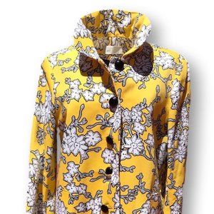 BADGLEY MISCHKA 1980s A-Line Coat 100% Cotton, Yellow/Black/White Floral Size L